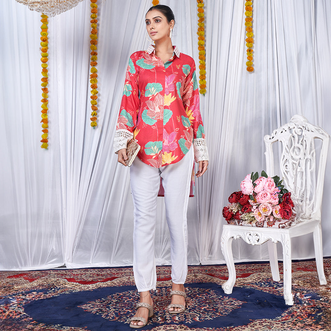 Hot pink floral love printed up & down co-ord set, a vibrant and trendy matching outfit.