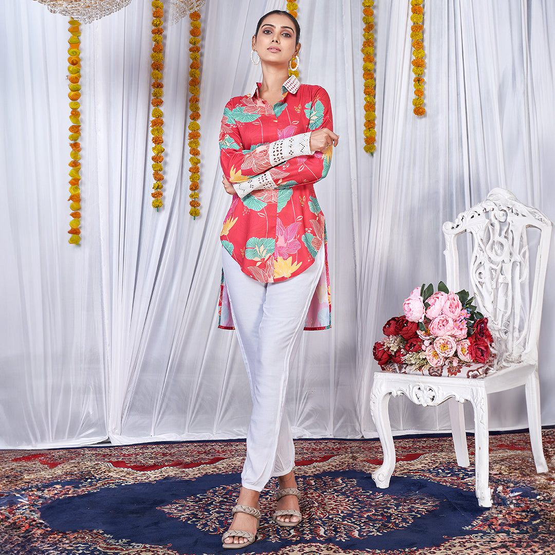 Hot pink floral love printed up & down co-ord set, a vibrant and trendy matching outfit.