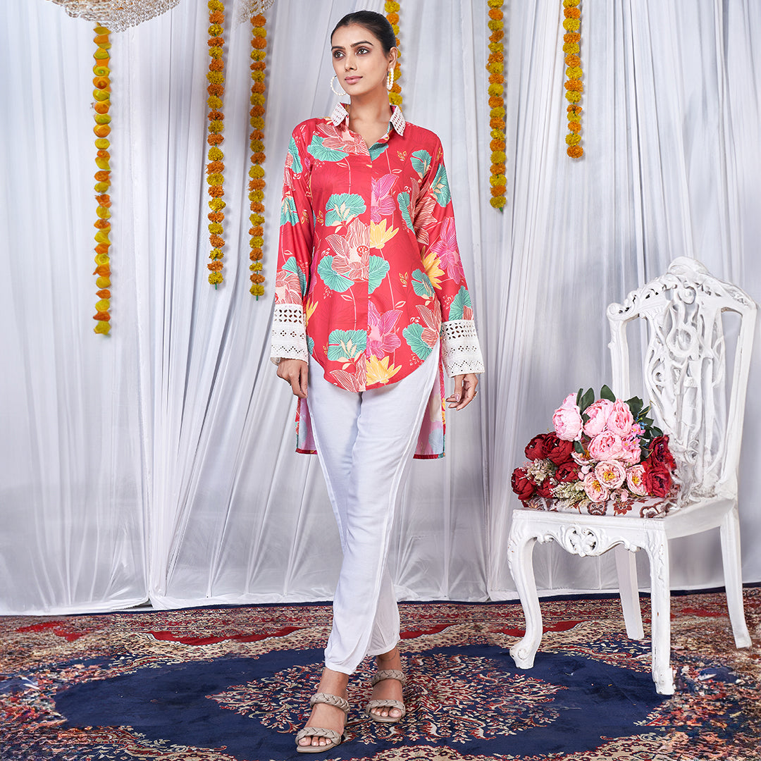 Hot pink floral love printed up & down co-ord set, a vibrant and trendy matching outfit.