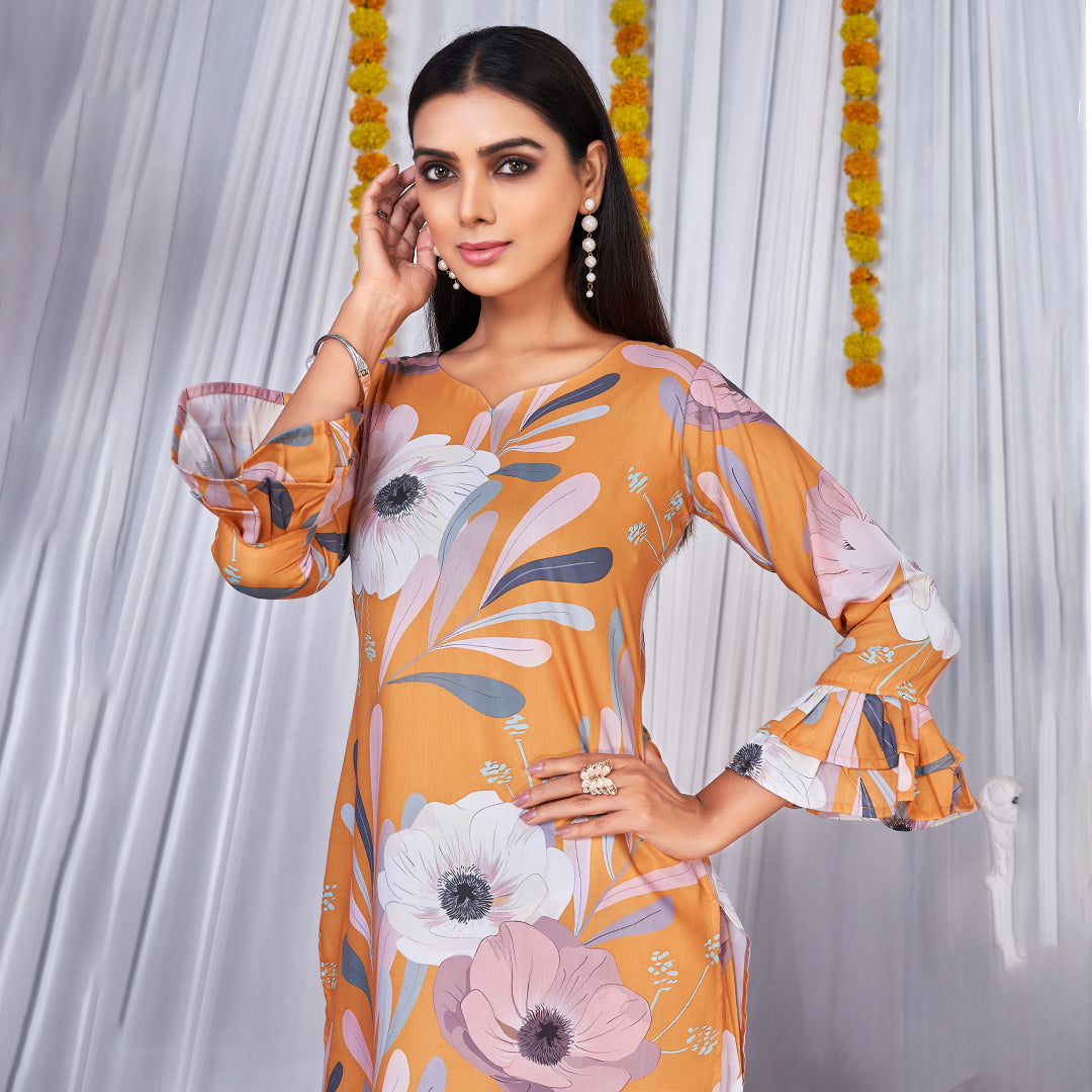 Hot yellow floral printed co-ord set, a bold and vibrant matching outfit.