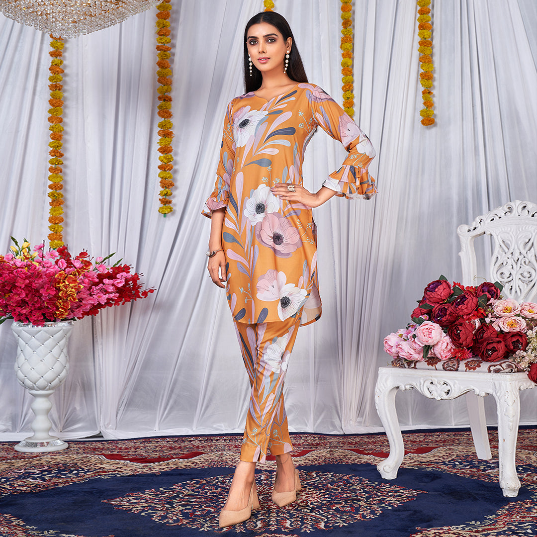 Hot yellow floral printed co-ord set, a bold and vibrant matching outfit.