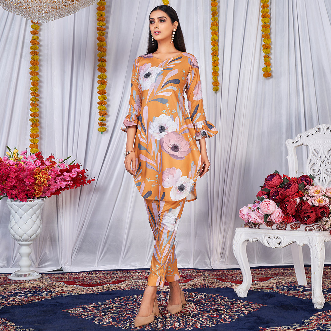 Hot yellow floral printed co-ord set, a bold and vibrant matching outfit.