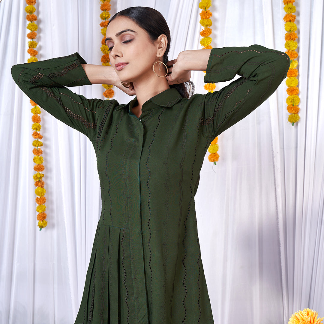 "It's All Dark Green" eyelet co-ord set, a chic and contemporary matching outfit.