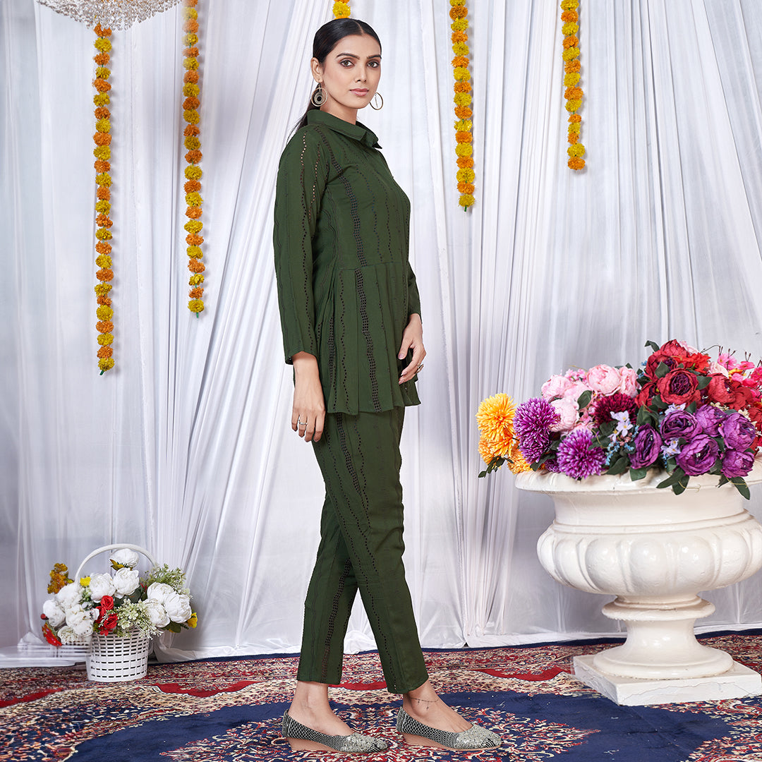 "It's All Dark Green" eyelet co-ord set, a chic and contemporary matching outfit.