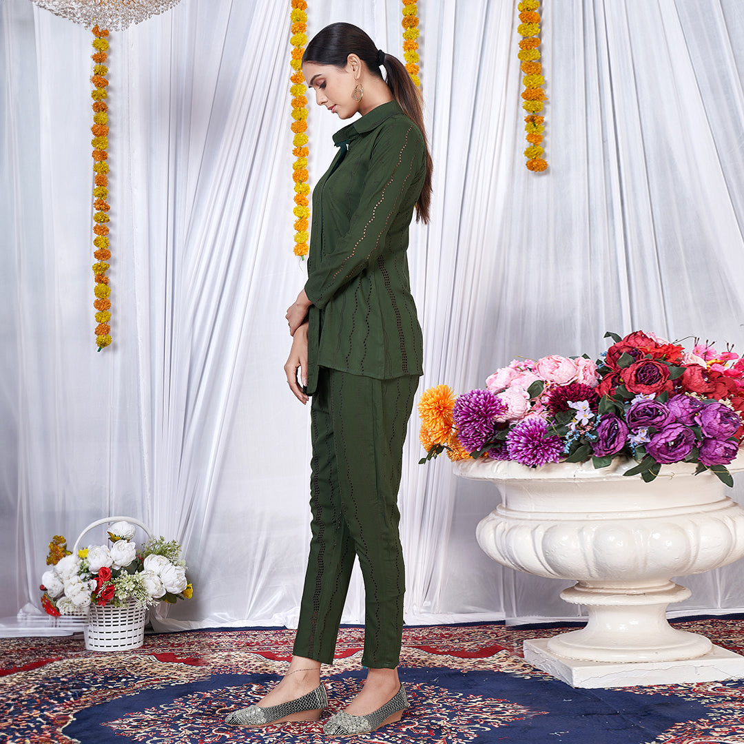 "It's All Dark Green" eyelet co-ord set, a chic and contemporary matching outfit.