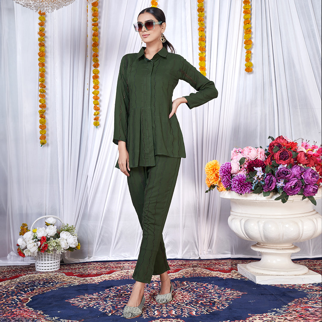 "It's All Dark Green" eyelet co-ord set, a chic and contemporary matching outfit.