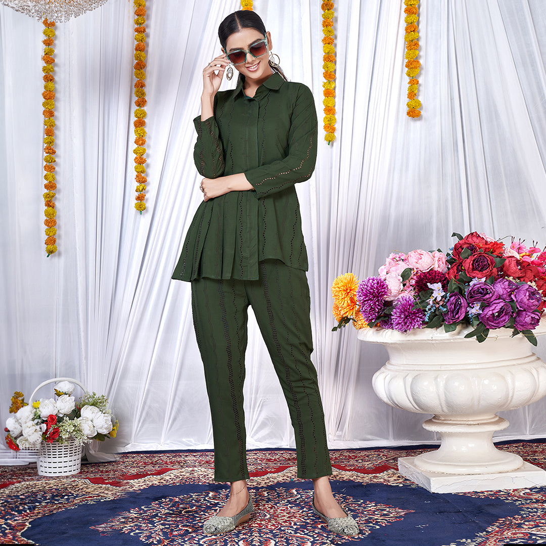 "It's All Dark Green" eyelet co-ord set, a chic and contemporary matching outfit.