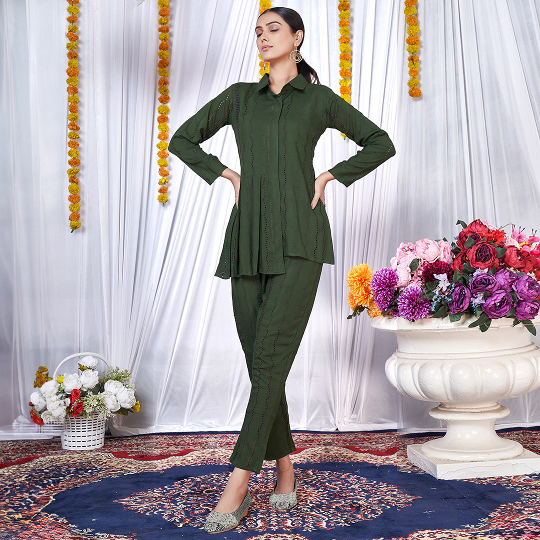 "It's All Dark Green" eyelet co-ord set, a chic and contemporary matching outfit.