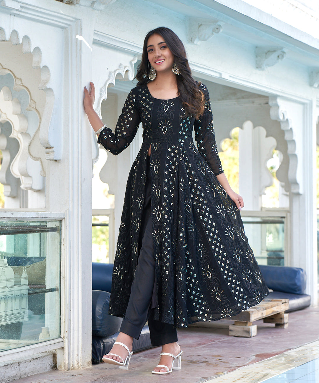 Jade black embroidered suit set featuring intricate detailing and a sophisticated design