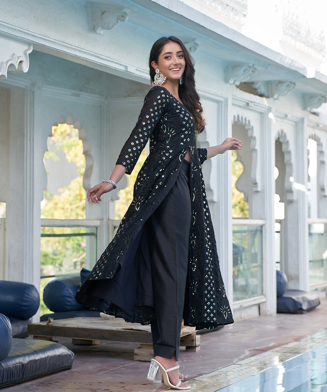 Jade black embroidered suit set featuring intricate detailing and a sophisticated design