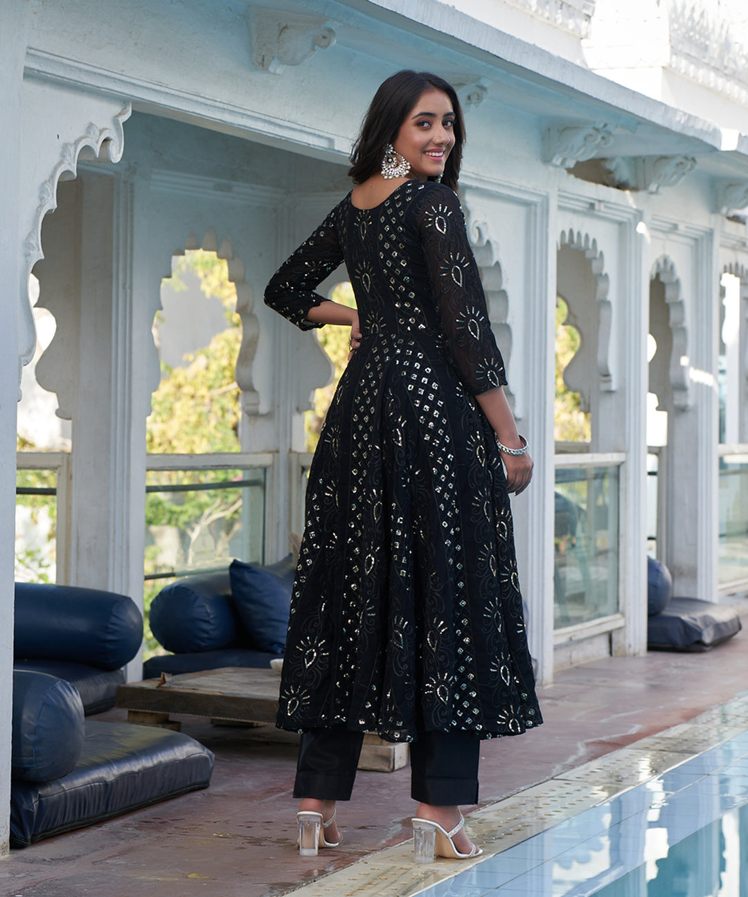 Jade black embroidered suit set featuring intricate detailing and a sophisticated design