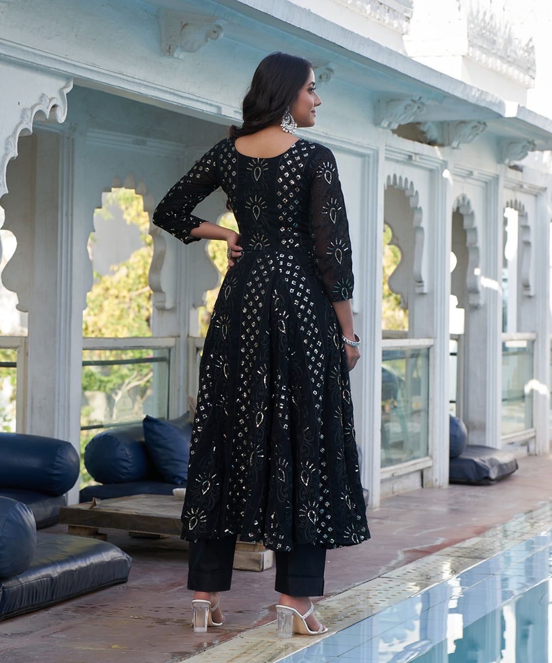 Jade black embroidered suit set featuring intricate detailing and a sophisticated design