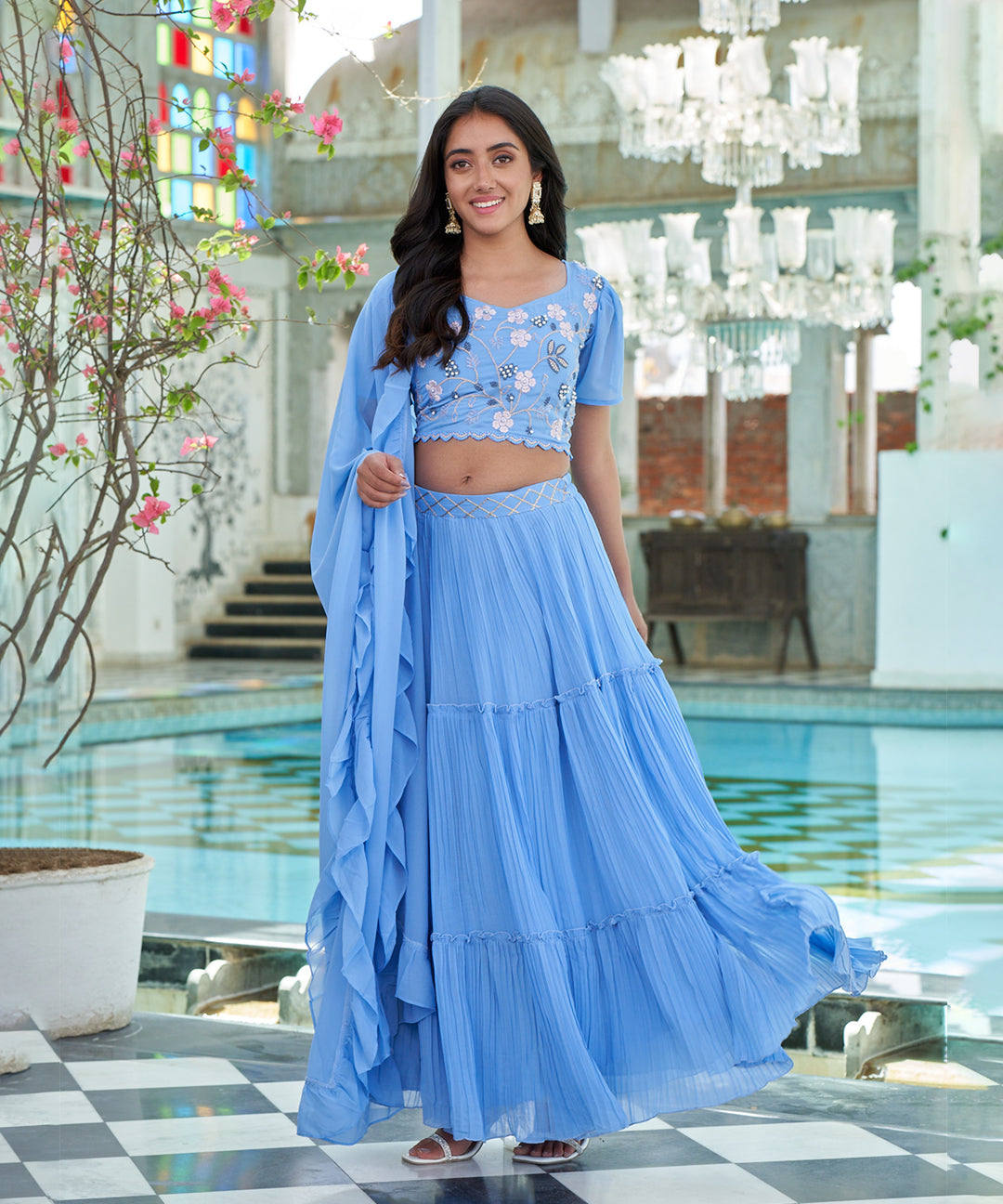 Light blue Georgette lehenga choli set showcasing a flowing silhouette and elegant design