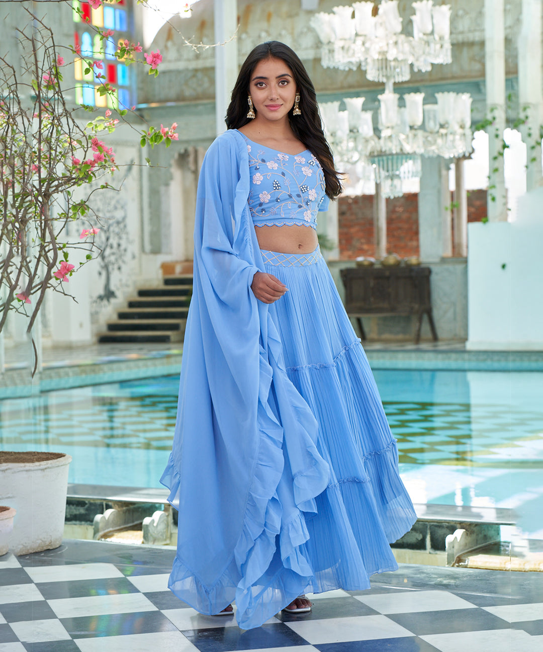 Light blue Georgette lehenga choli set showcasing a flowing silhouette and elegant design