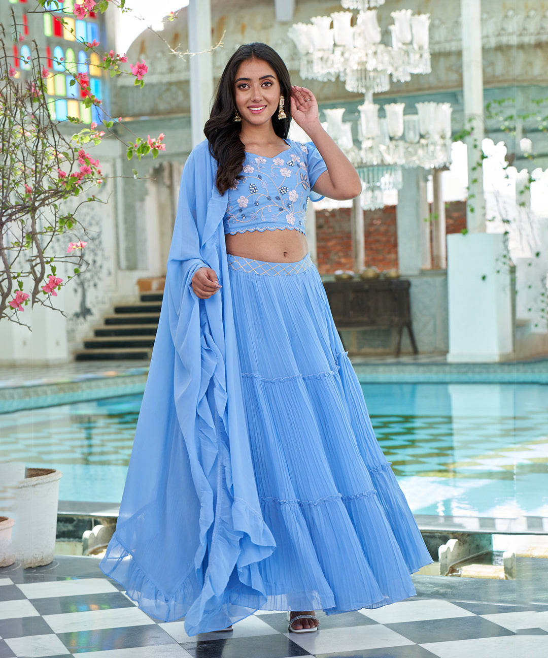 Light blue Georgette lehenga choli set showcasing a flowing silhouette and elegant design