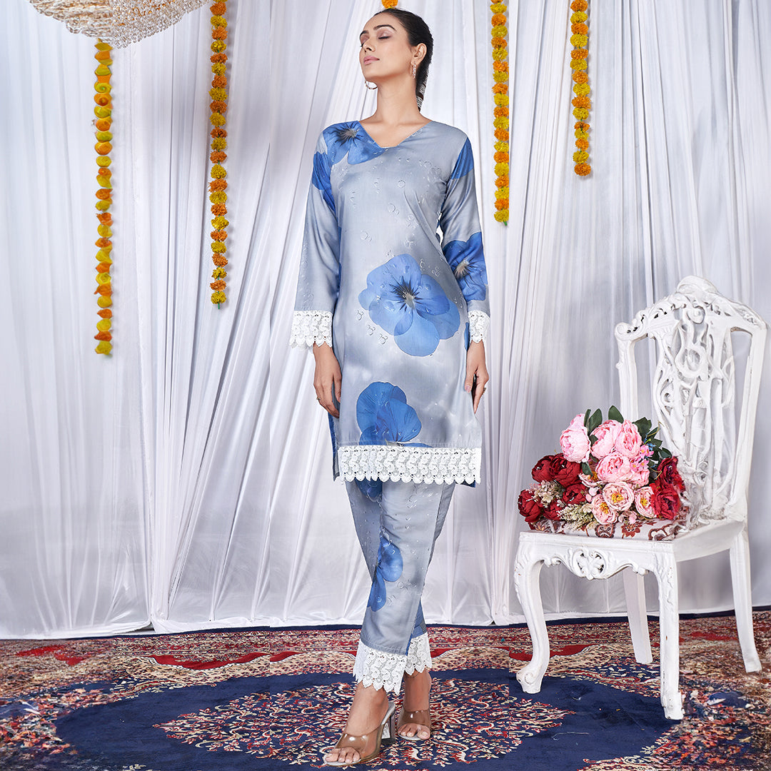 "Light Grey Printed Co-Ord Set: Elegant and chic matching top and bottom outfit with a subtle grey print."