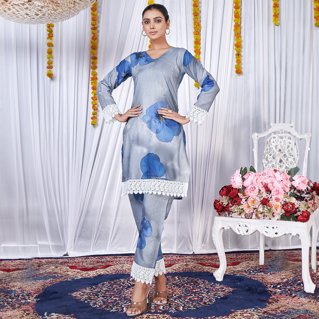 "Light Grey Printed Co-Ord Set: Elegant and chic matching top and bottom outfit with a subtle grey print."