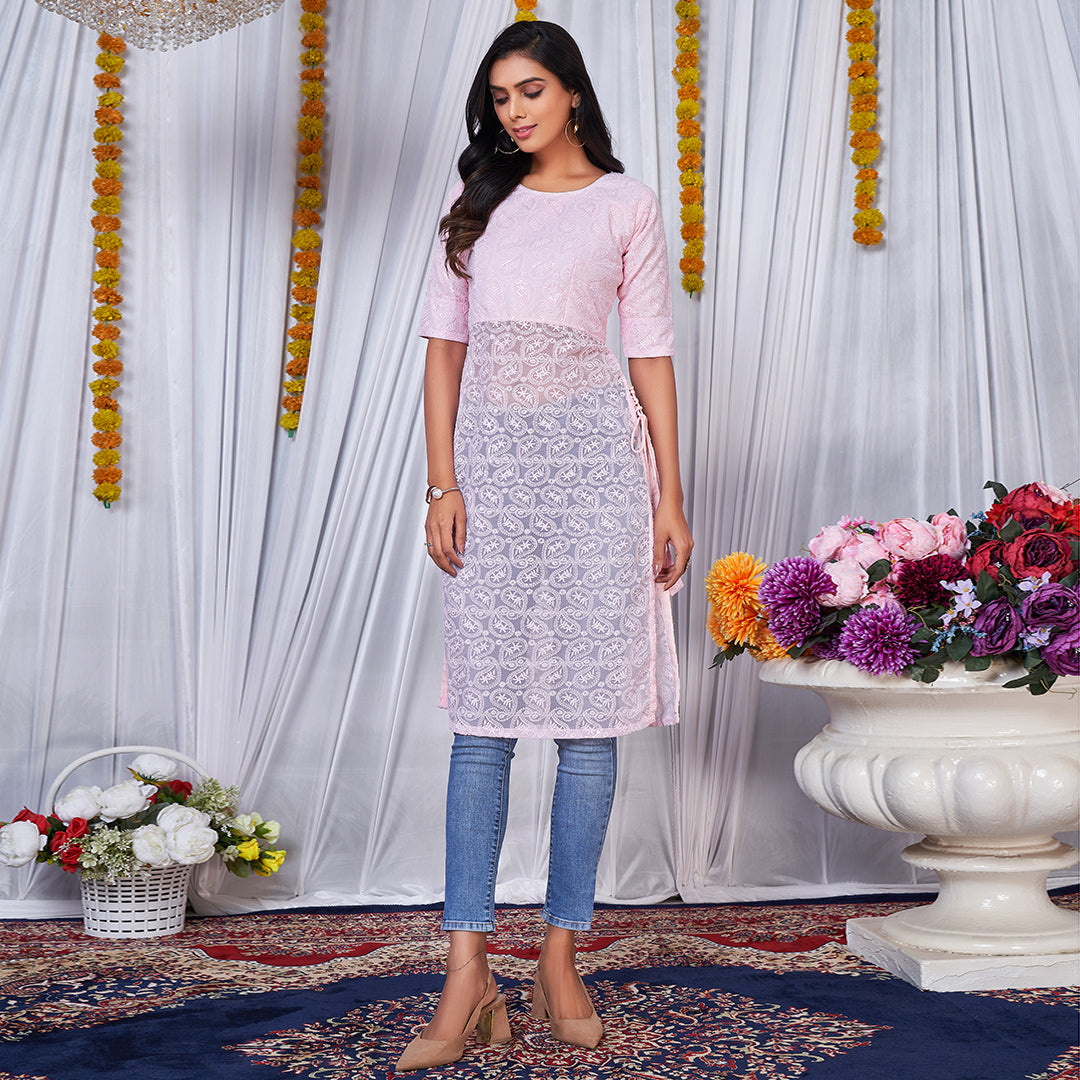 Light pink side dori Lucknowi embroidered kurta for graceful charm
