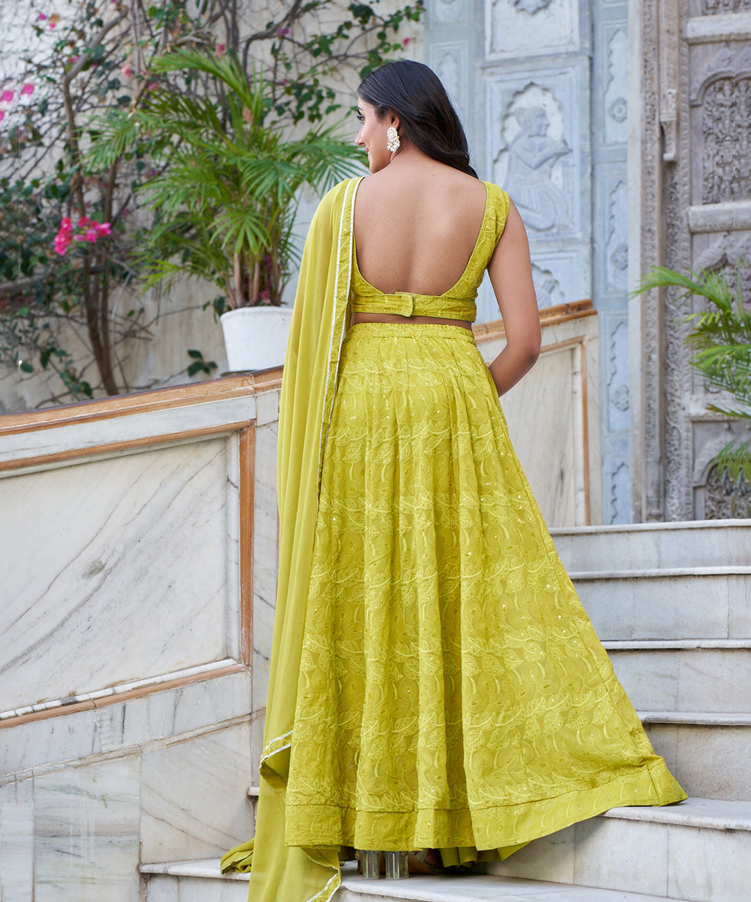 Limeade Chikankari lehenga set featuring delicate embroidery and a vibrant, elegant design