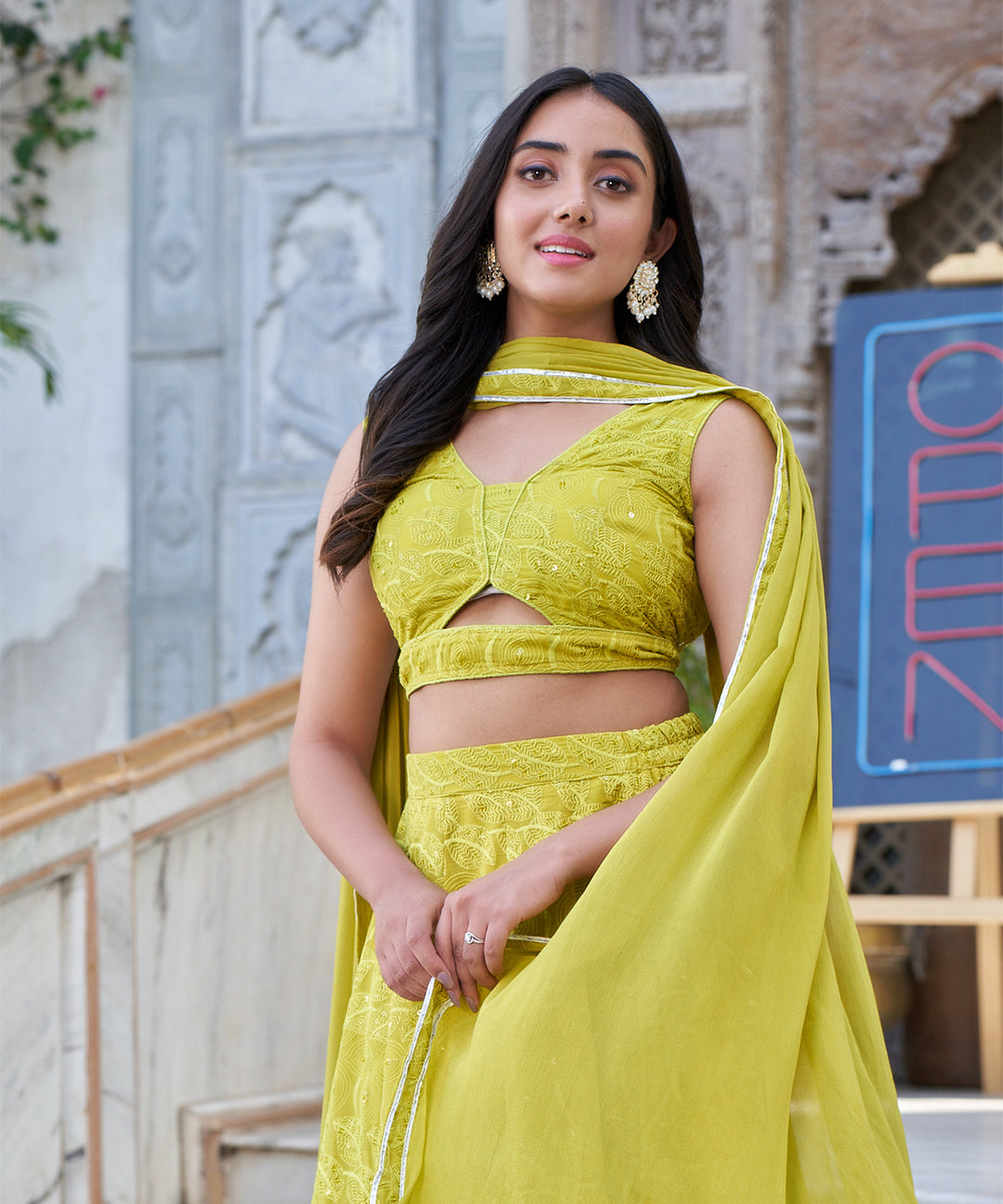 Limeade Chikankari lehenga set featuring delicate embroidery and a vibrant, elegant design