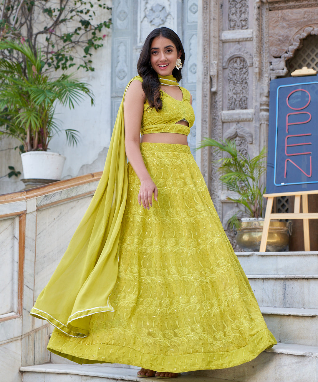 Limeade Chikankari lehenga set featuring delicate embroidery and a vibrant, elegant design