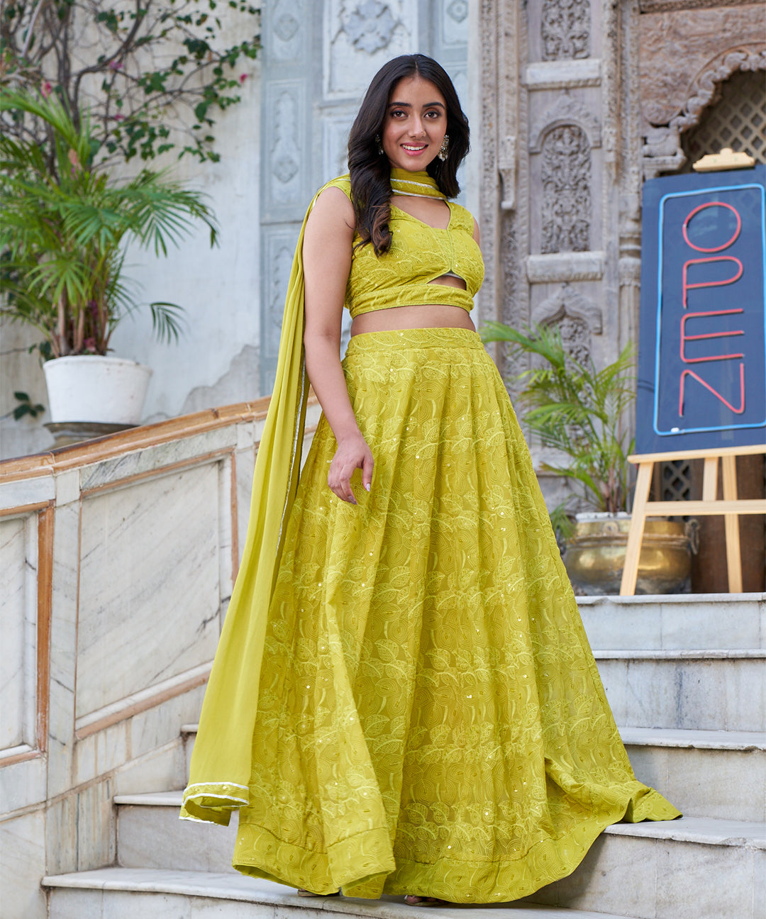 Limeade Chikankari lehenga set featuring delicate embroidery and a vibrant, elegant design