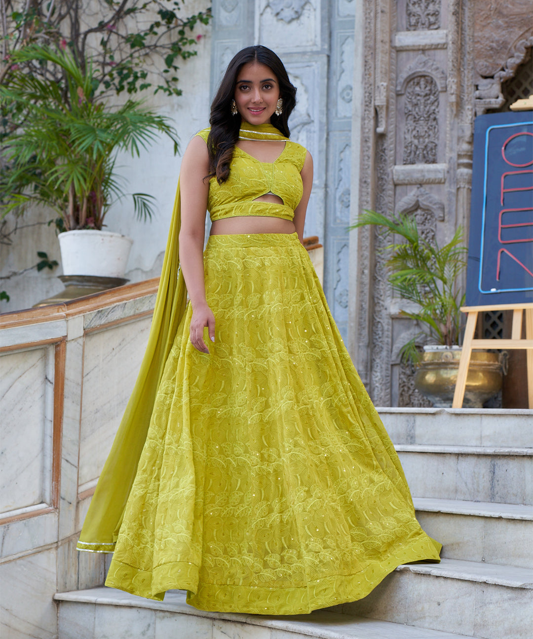Limeade Chikankari lehenga set featuring delicate embroidery and a vibrant, elegant design