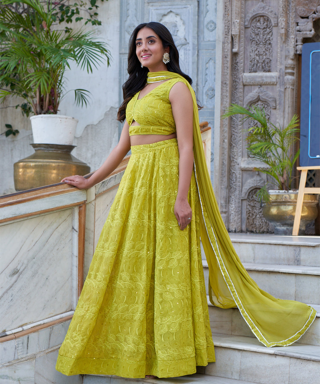 Limeade Chikankari lehenga set featuring delicate embroidery and a vibrant, elegant design