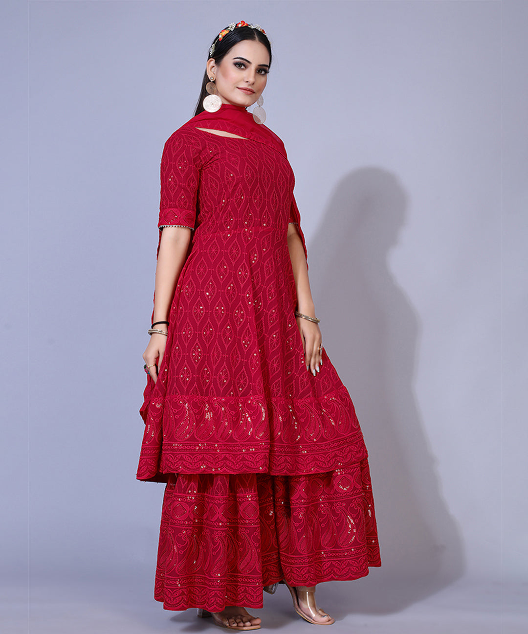 Maroon Chikankari Georgette Sharara Suit showcasing intricate embroidery and graceful design