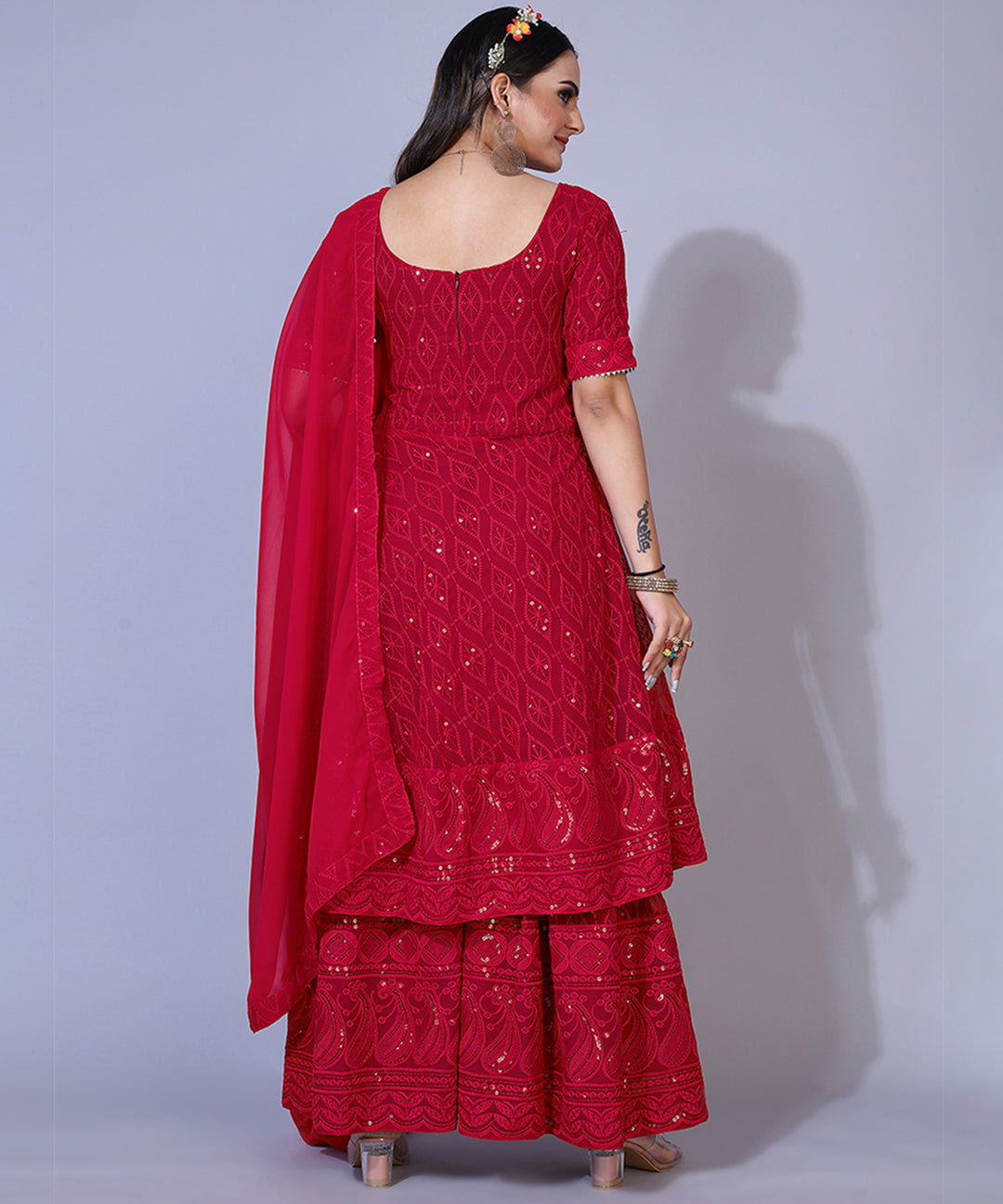 Maroon Chikankari Georgette Sharara Suit showcasing intricate embroidery and graceful design