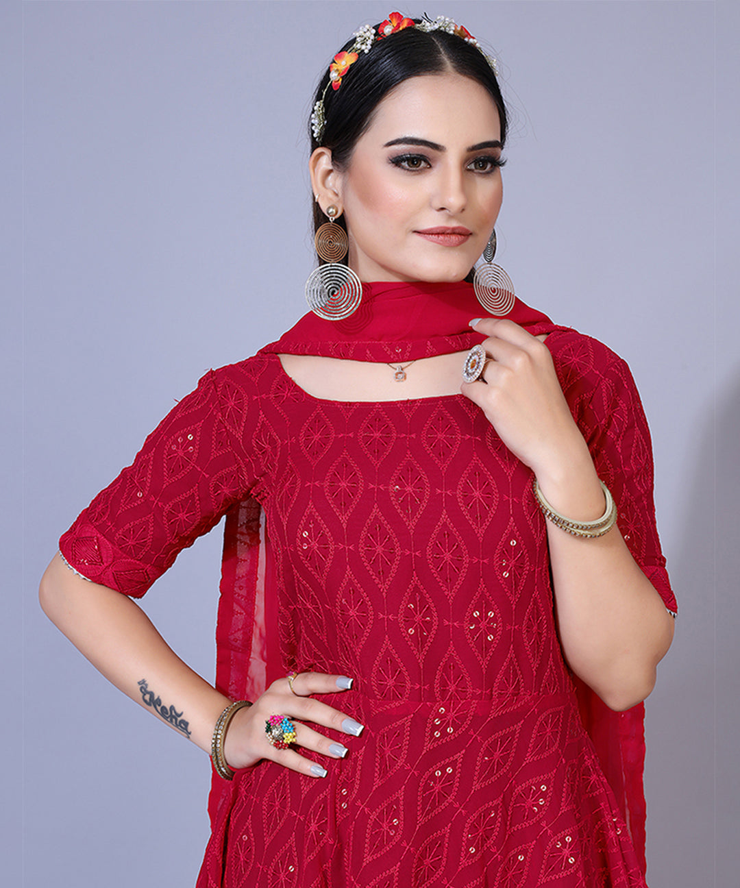 Maroon Chikankari Georgette Sharara Suit showcasing intricate embroidery and graceful design