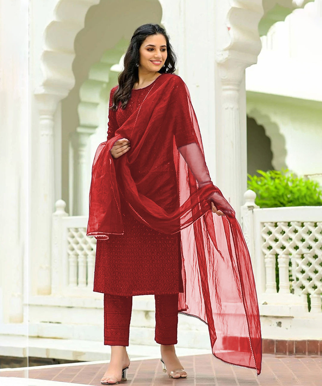 Maroon Chikankari Rayon Suit Set featuring delicate embroidery and stylish design