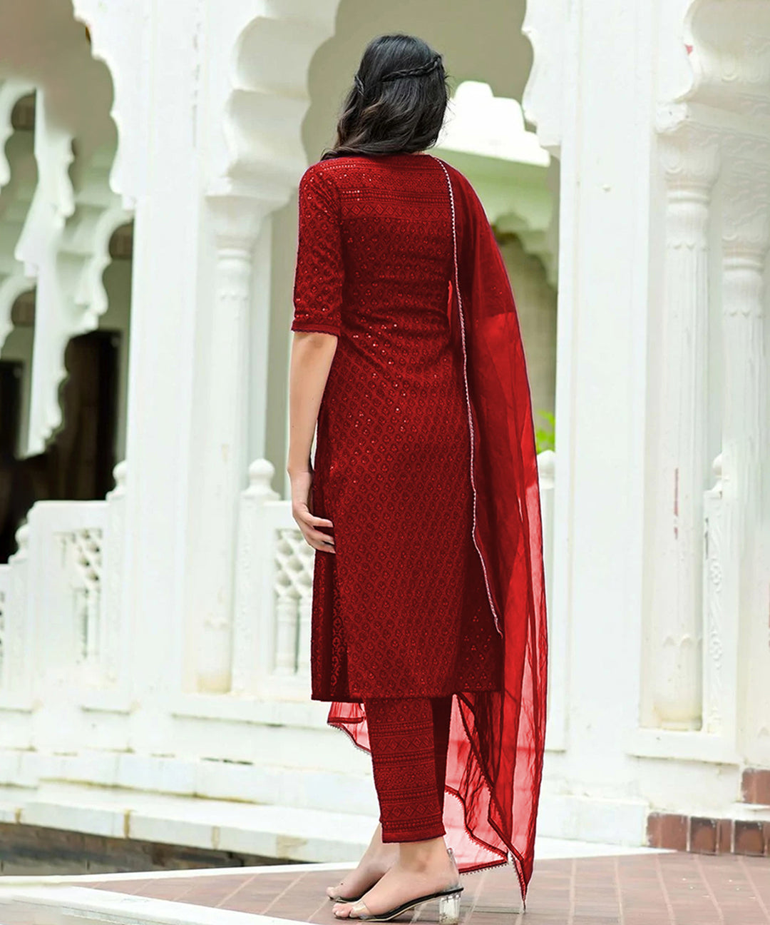 Maroon Chikankari Rayon Suit Set featuring delicate embroidery and stylish design