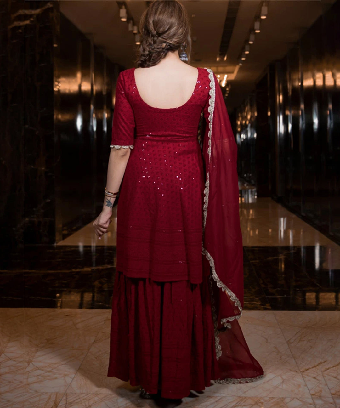 Maroon Chikankari Sharara featuring intricate embroidery and elegant design