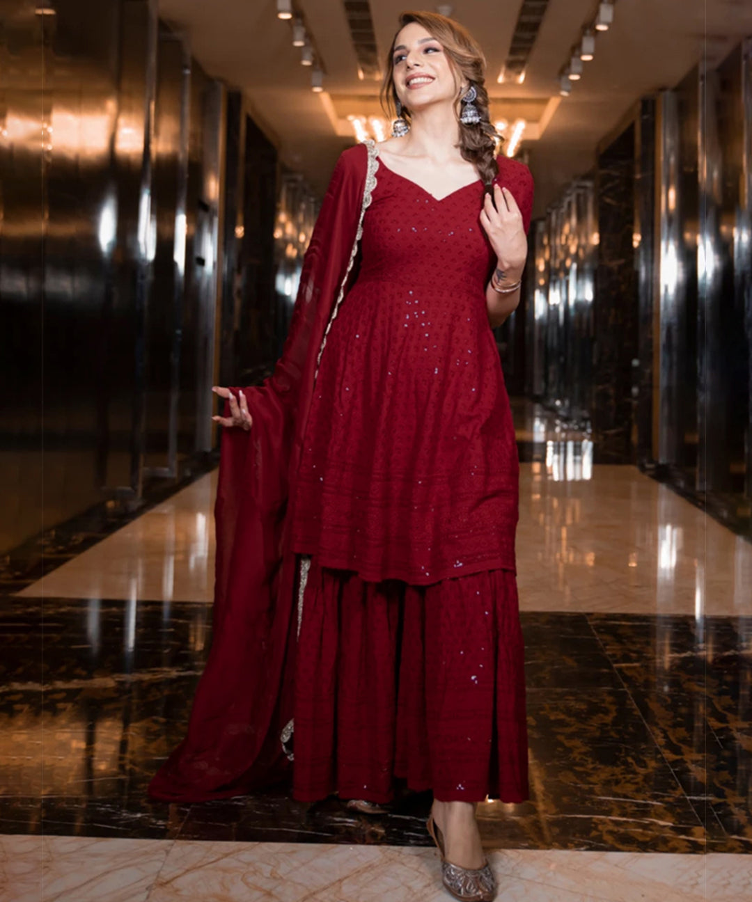 Maroon Chikankari Sharara featuring intricate embroidery and elegant design