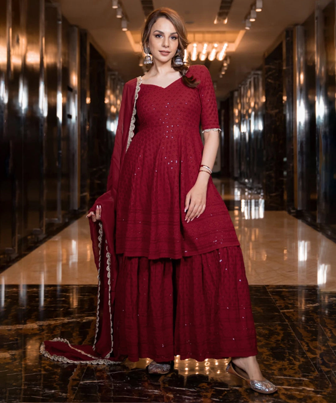 Maroon Chikankari Sharara featuring intricate embroidery and elegant design