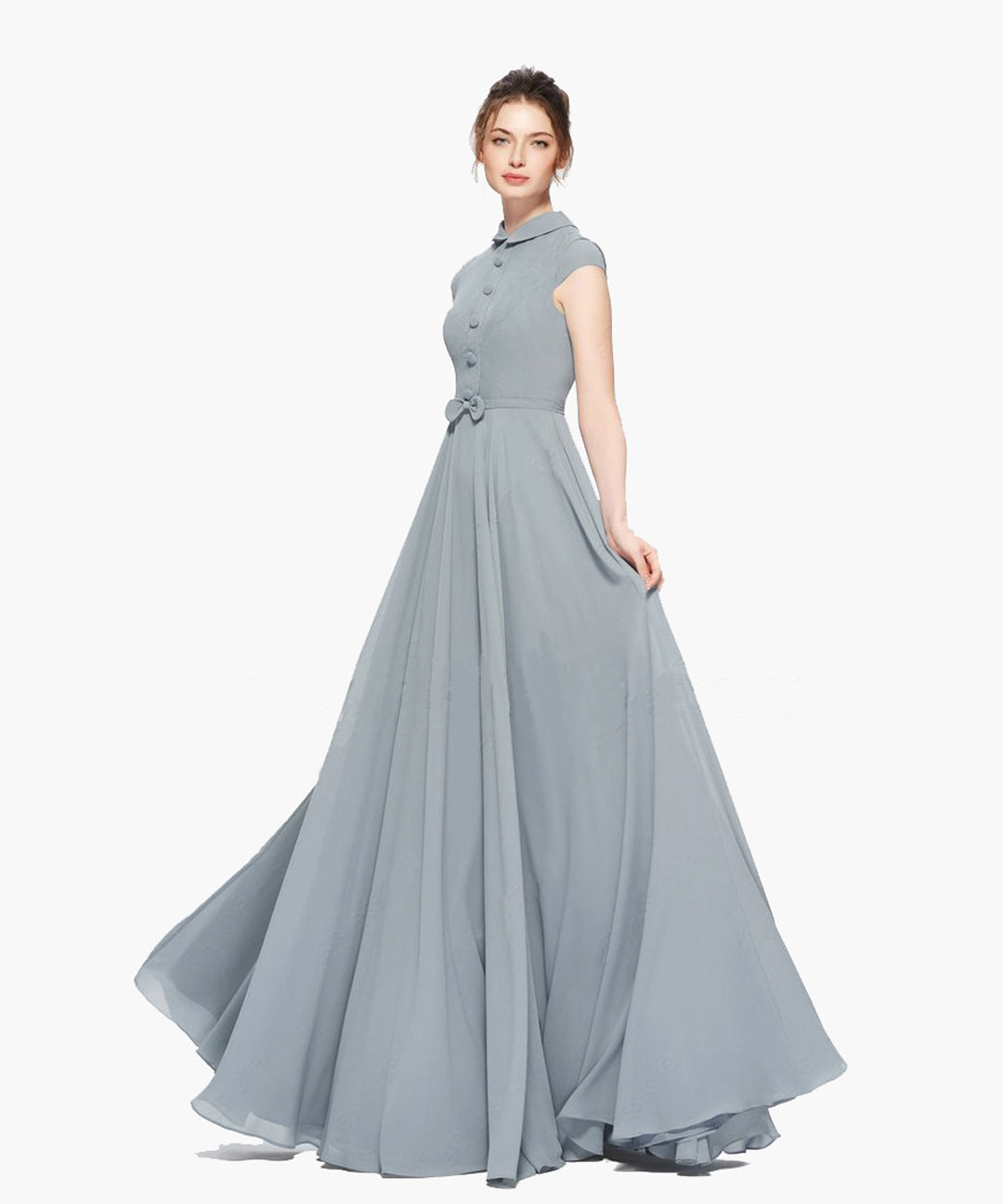 Marvelous grey Rangoli georgette floor-length gown with a 10-meter flare, ideal for grand and elegant occasions.
