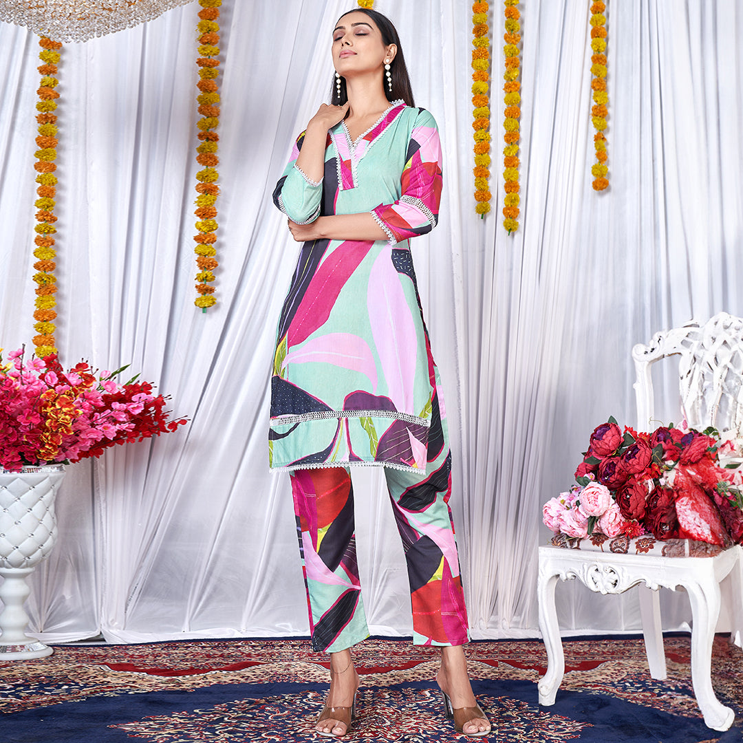 "Multi Color Printed Co-Ord Set: Vibrant and stylish matching top and bottom outfit with a multi-color print."