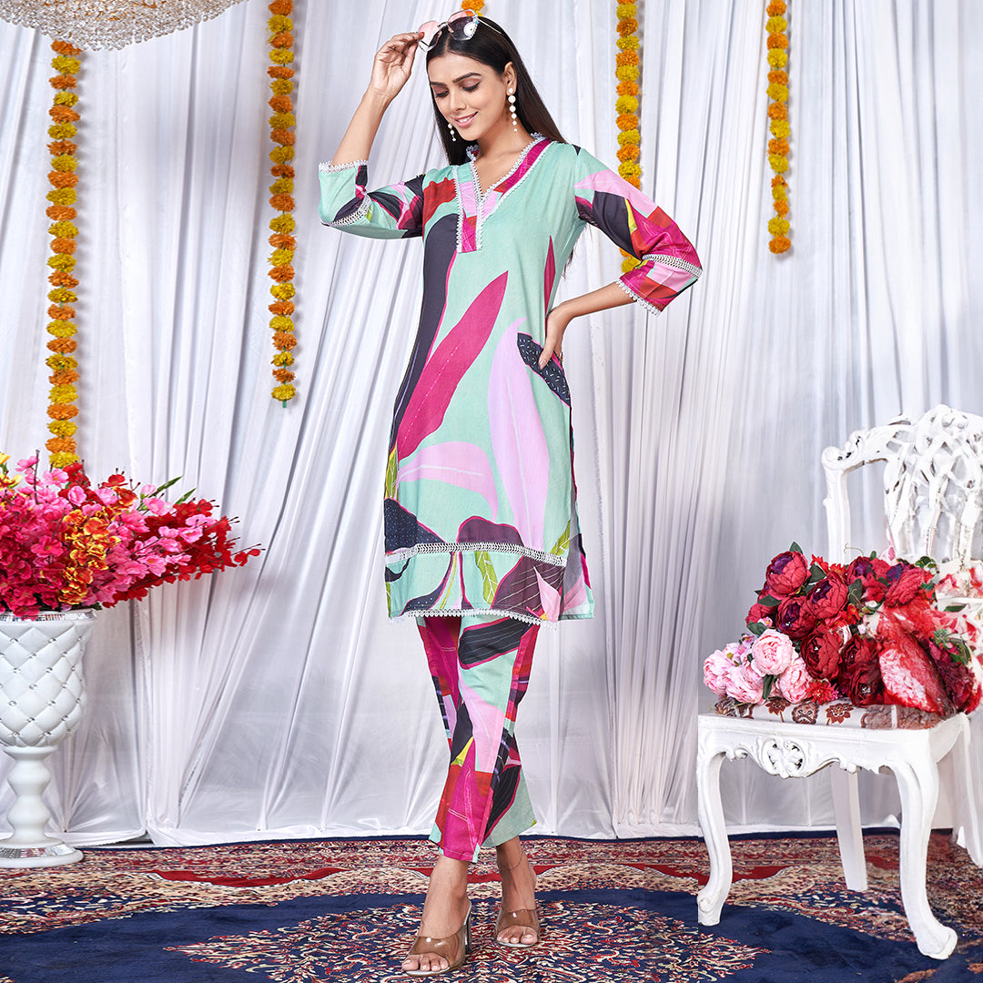 "Multi Color Printed Co-Ord Set: Vibrant and stylish matching top and bottom outfit with a multi-color print."