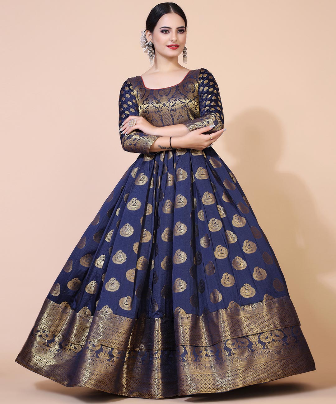 Navy blue jacquard ethnic maxi dress adorned with ethnic motifs, ideal for cultural and festive occasions.