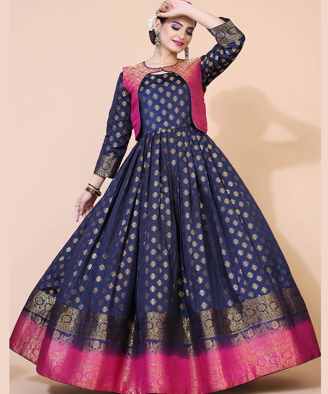 Navy blue jacquard maxi dress with ethnic motifs, perfect for cultural and festive occasions.