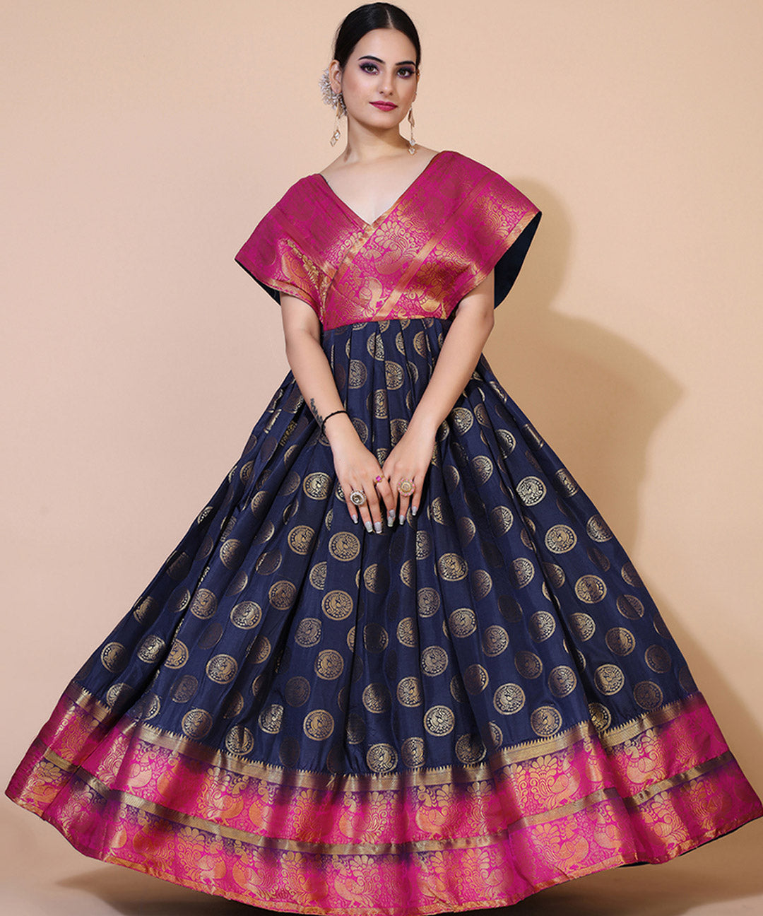 Navy blue jacquard maxi dress with ethnic motifs, perfect for cultural and festive occasions.