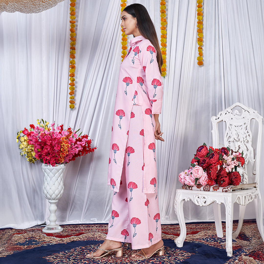 Peach flower printed co-ord set, a delicate and stylish matching ensemble.