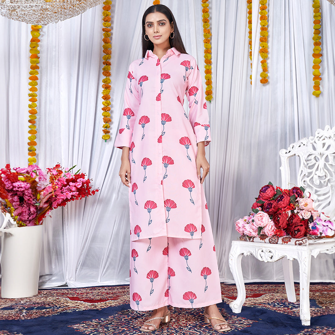 Peach flower printed co-ord set, a delicate and stylish matching ensemble.