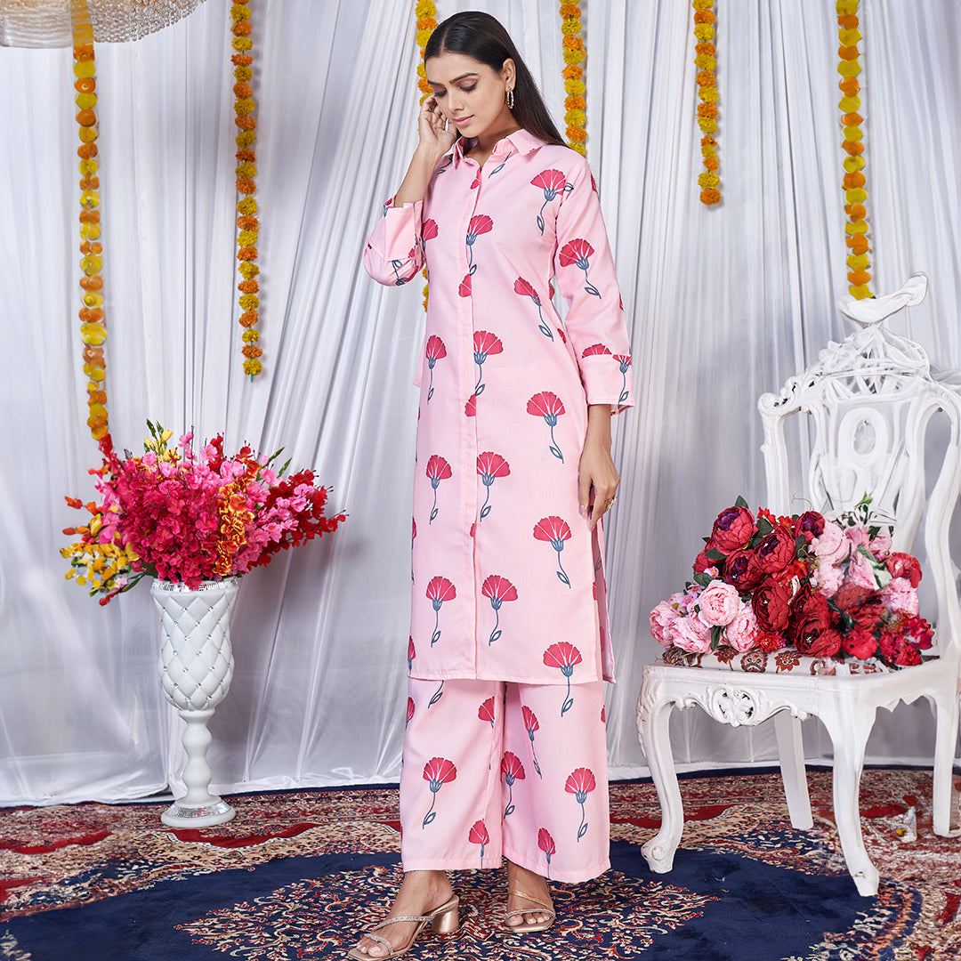 Peach flower printed co-ord set, a delicate and stylish matching ensemble.