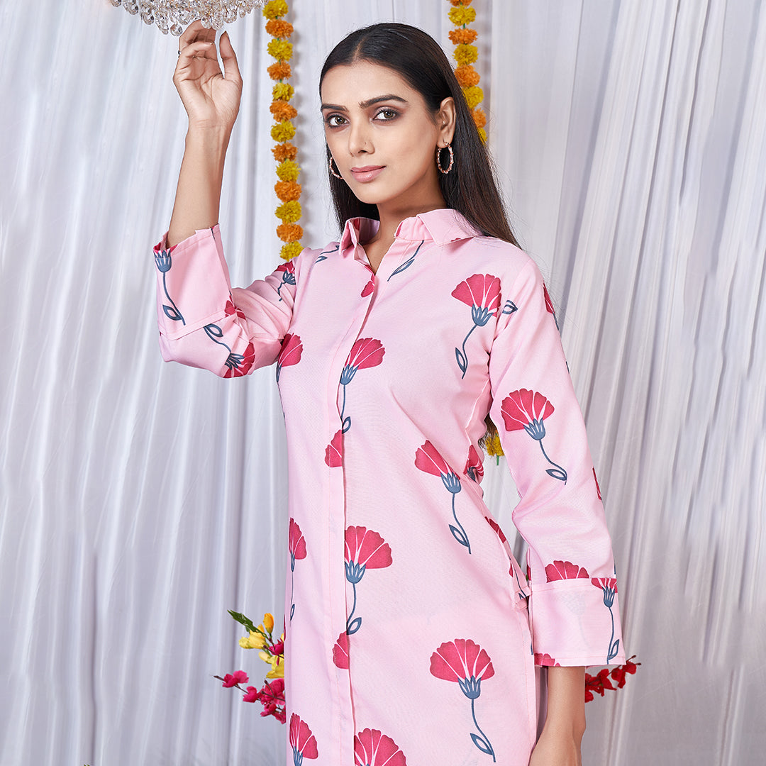 Peach flower printed co-ord set, a delicate and stylish matching ensemble.