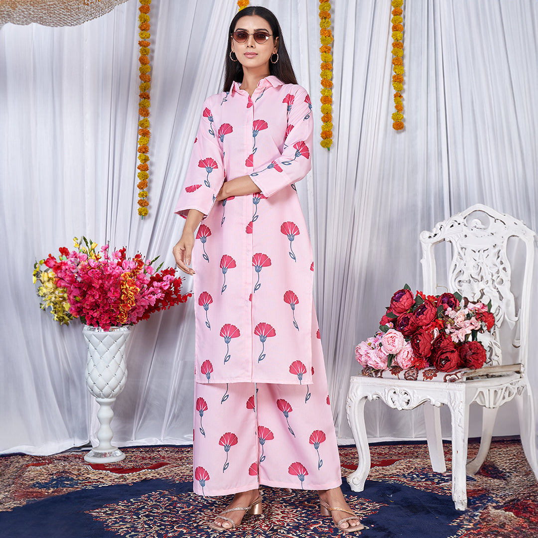 Peach flower printed co-ord set, a delicate and stylish matching ensemble.