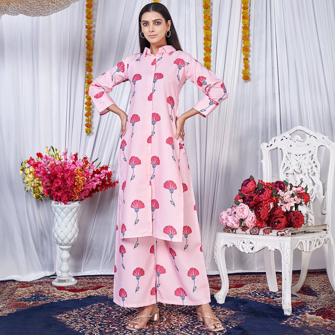 Peach flower printed co-ord set, a delicate and stylish matching ensemble.