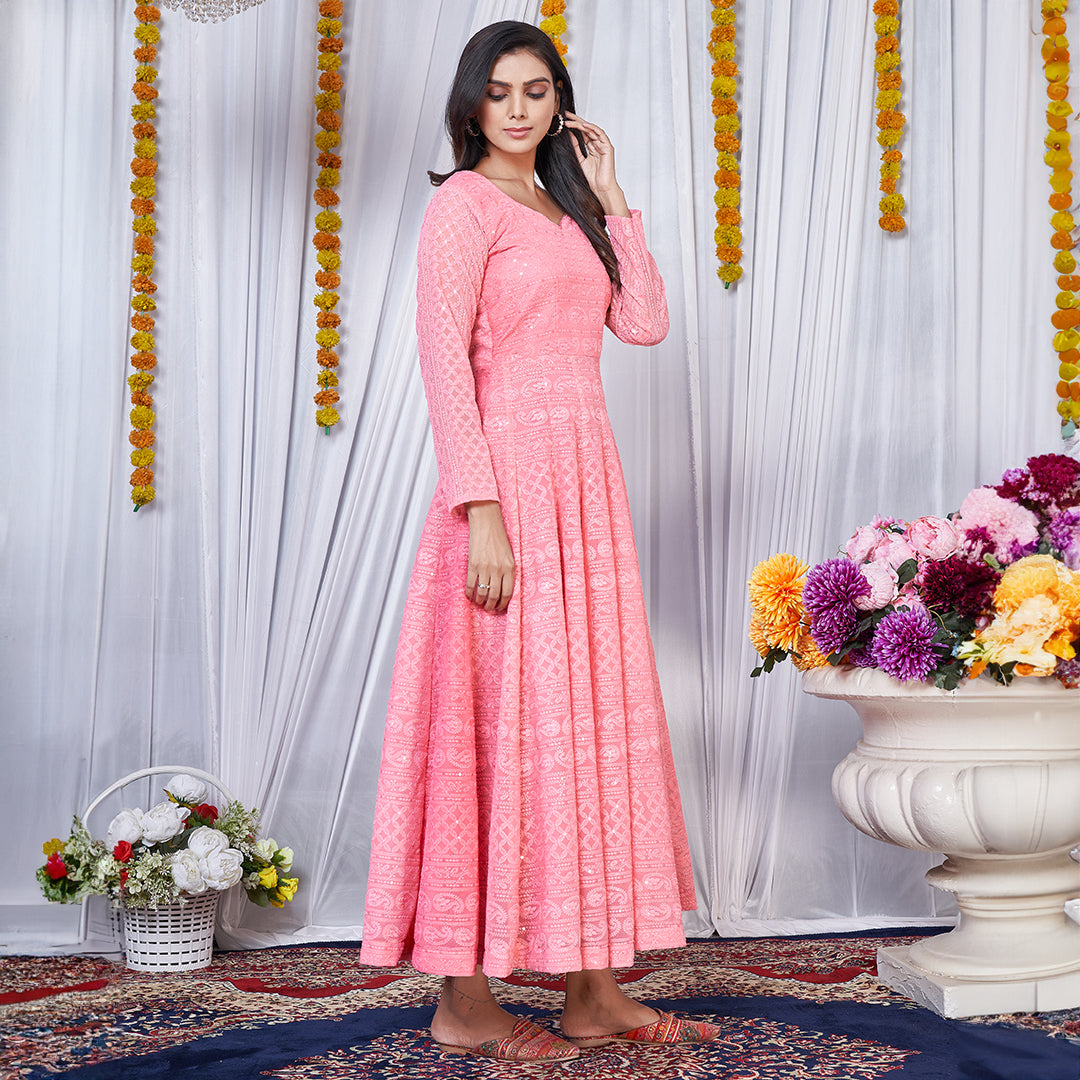 Peach Lucknowi embroidered georgette Anarkali gown, a graceful and delicately designed traditional ensemble.