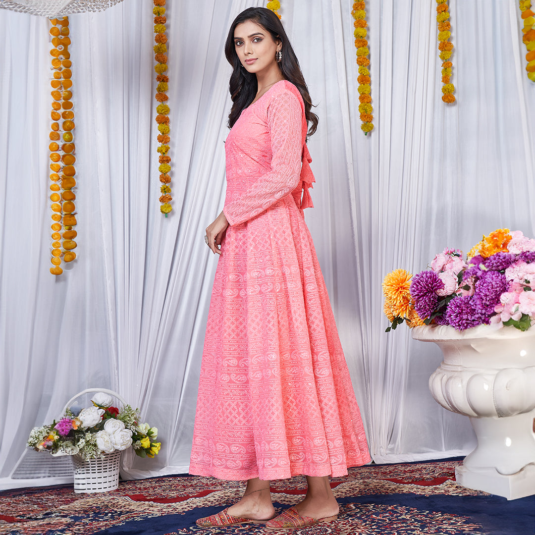Peach Lucknowi embroidered georgette Anarkali gown, a graceful and delicately designed traditional ensemble.